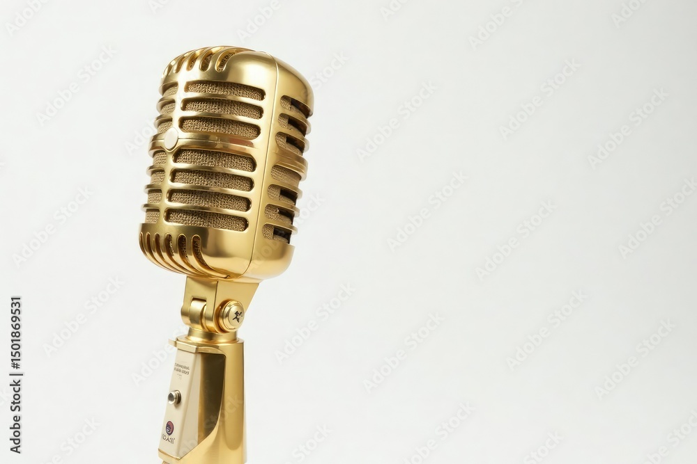 Fototapeta premium Close-up shot of a single, gold hip-hop style microphone isolated on white , hip hop microphone, isolated