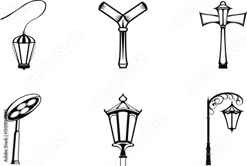 Black and white vector illustration of decorative street lamp silhouette set