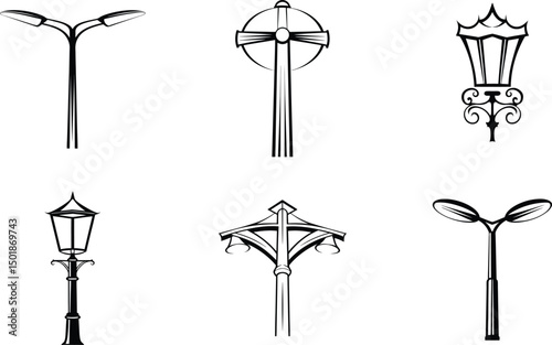 Black and white vector graphic featuring an assortment of decorative streetlights