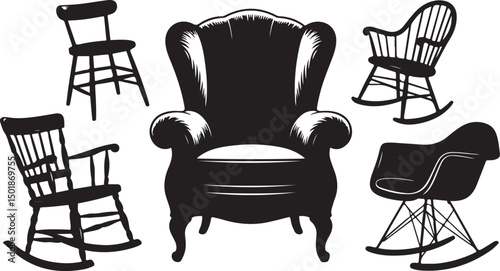 Black silhouette of various chairs, including rocking chairs and armchairs, perfect for furniture, interior design, and home decor themes.