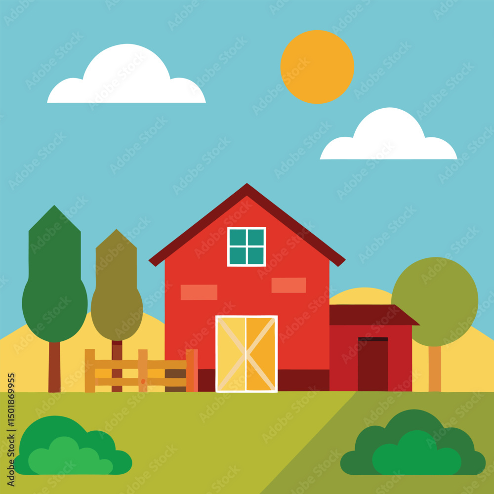 Fototapeta premium Cartoon farm landscape with red barn,trees,clouds,and sunshine illustration