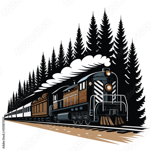 A powerful steam locomotive aggressively speeds through a dense pine forest, its wheels churning up dust and leaves.  The sun shines brightly, illuminating the scene.