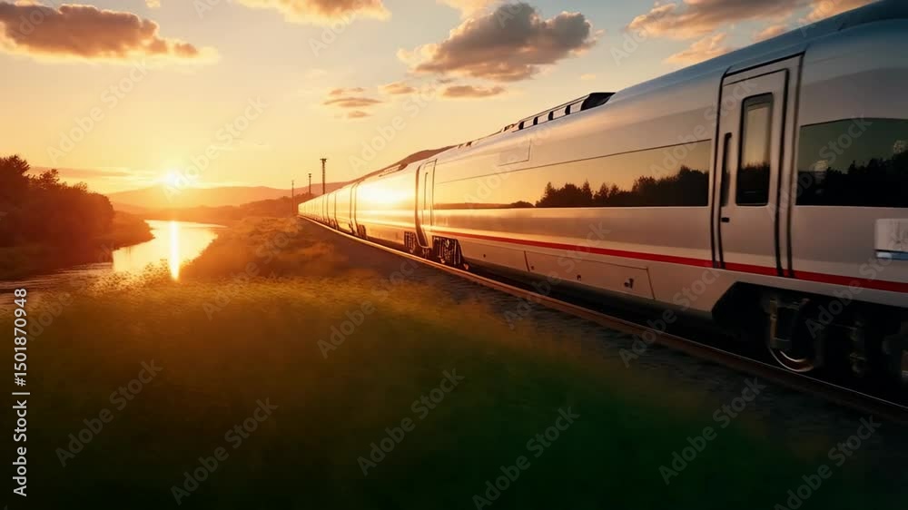 A high-speed train glides smoothly beside a river, illuminated by the warm glow of the setting sun. The tranquil landscape features rolling hills and a vibrant sky A high-speed train glides smoothly beside a river, illuminated by the warm glow of the setting sun. The tranquil landscape features rolling hills and a vibrant sky
