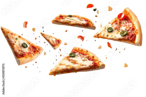 Floating Pizza Slices A Pepperoni  Jalapeño Party in ZeroG photo