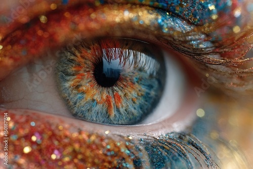 Close-Up of Vibrant Human Eye with Digital Reflections and Background Elements