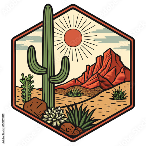 Design a vibrant emblem for a desert holiday showcasing a sun-drenched cactus, rugged rocks, and a minimalist, iconic sun.