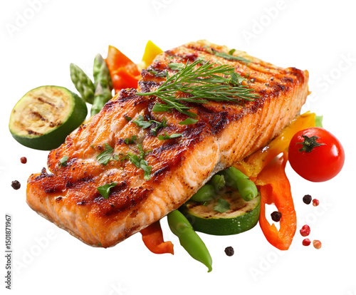 Grilled Salmon Fillet with Vegetables and Herbs on Transparent Background