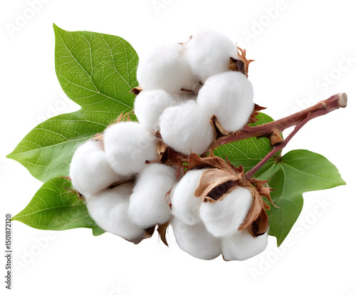 Cotton Branch with Fluffy Bolls and Green Leaves on Transparent Background