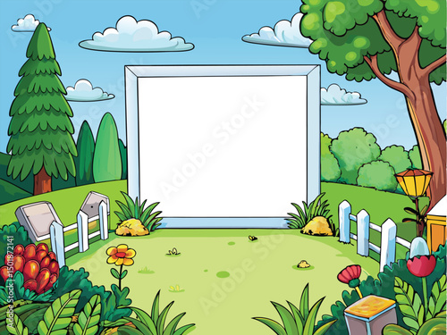 Vector Illustration of a summer nature landscape with a house and floral frame design