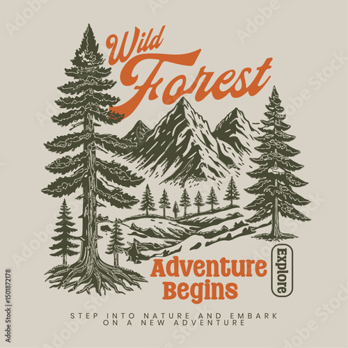 outdoor t-shirt graphics.  Autumn winter  graphics print artwork. adventure t-shirt design. mens graphic design.wild forest tee