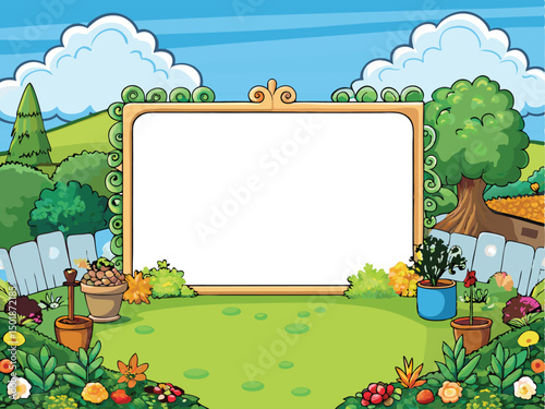 Floral spring nature landscape with white frame  with sky and trees