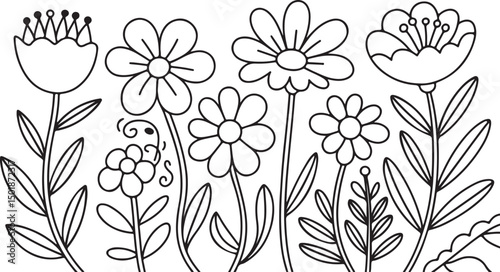 Hand-drawn illustration of various flowers with delicate leaves, perfect for botanical and nature-themed designs.