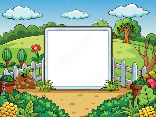 Vector Illustration of a white frame with green leaf and flower borders, perfect for spring or summer nature designs on cards and banners