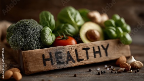 Fresh healthy vegetables and nuts arranged in a rustic wooden crate on a wooden surface