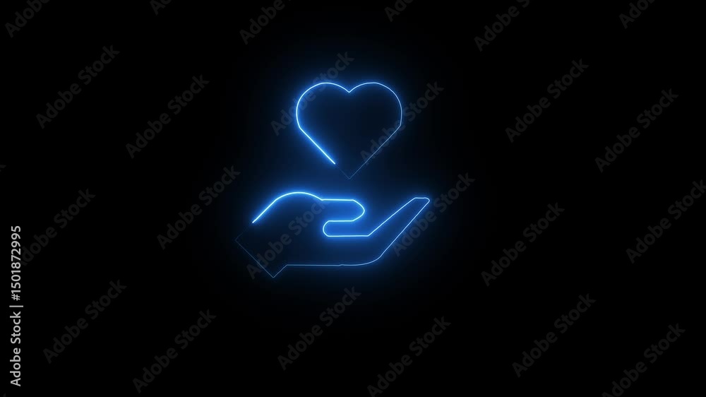 Glowing neon line Heart in hand icon isolated on black background. Hand giving love symbol. Valentines day symbol. 4K Video animation