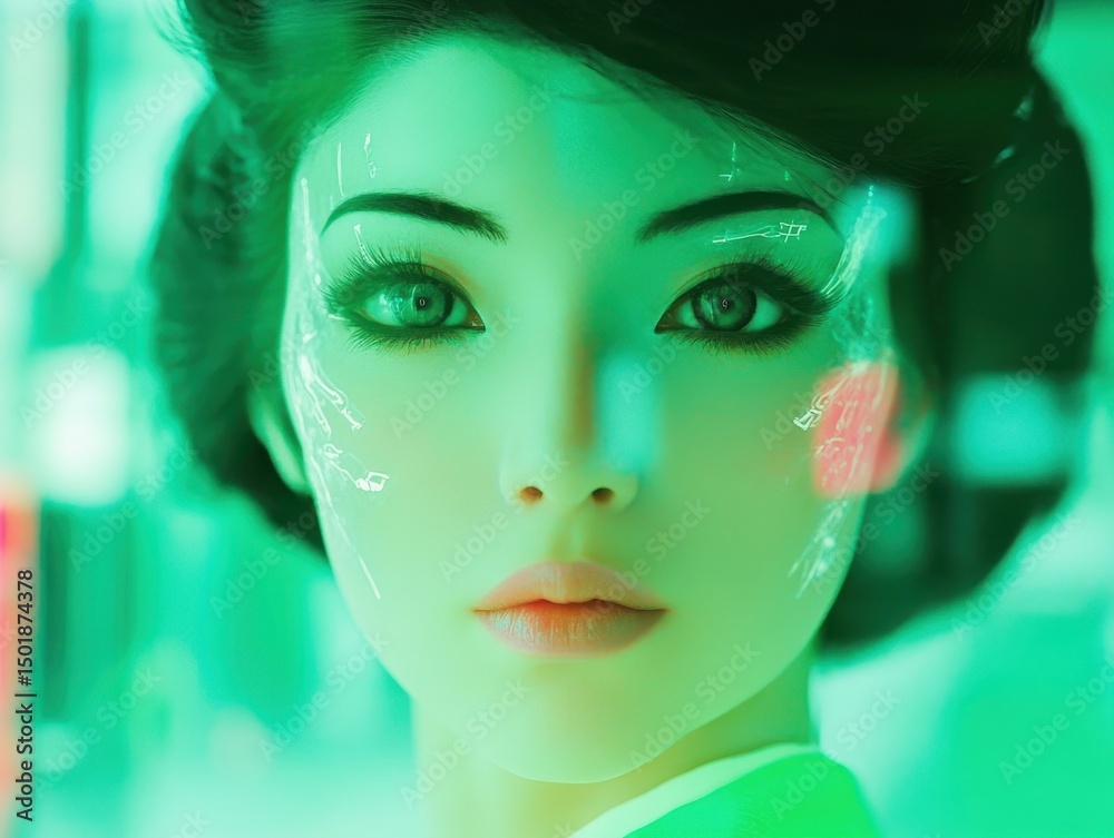 Fototapeta premium A Futuristic and serene portrait of a female with stunning features and ethereal beauty. The image presents a captivating blend of technology and grace