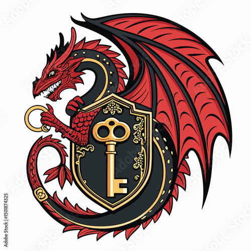 A coiled gothic dragon, intricately detailed, fiercely guarding an ornate lock and key, set against a dark, textured background; suitable for a badge.