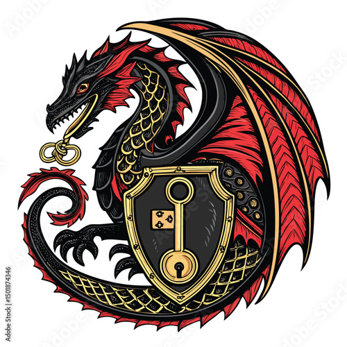 A fierce gothic dragon, intricately detailed, curled protectively around an ornate lock and key, forming a striking badge design.