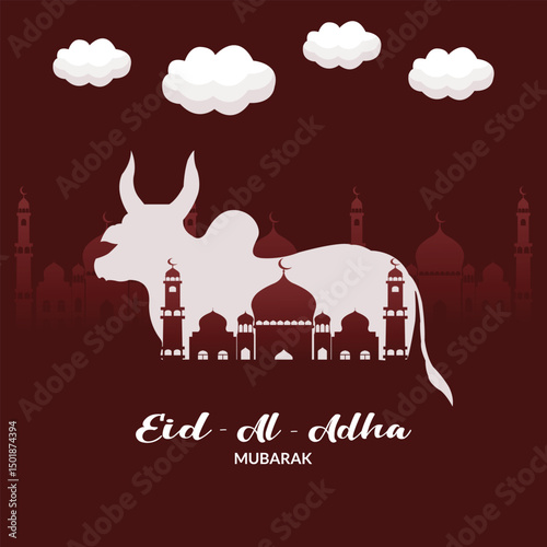 Eid al-Adha Mubarak with Ox and Mosque Silhouette