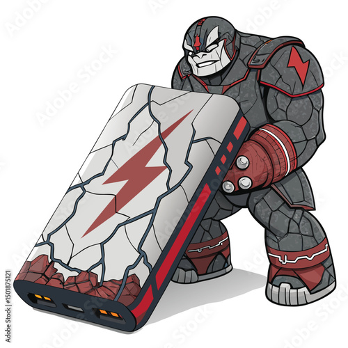 A bizarre, rocky-skinned creature, possibly alien, with a cracked portable power bank embedded in its back.  Focus on detailed textures.