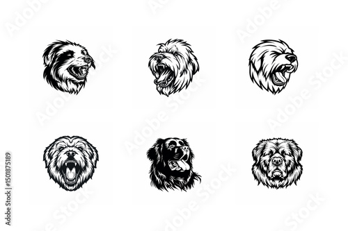 Six dog breed head illustrations black and white
