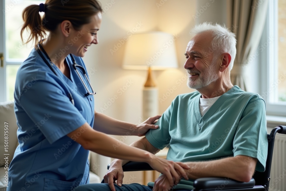 Fototapeta premium Caring Nurse Supports Elderly Man in Wheelchair in His Home