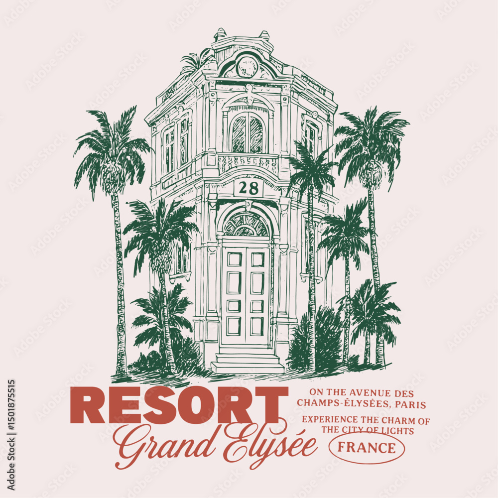 palm tree deach resort. summer beach resort graphic. hand drawn make resort. tropical print design in vector. summer t-shirt design.