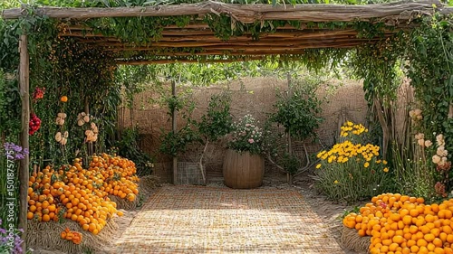 Sukkah decorated with fruit and flowers for Sukkot festival