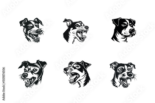 Six black and white dog head illustrations