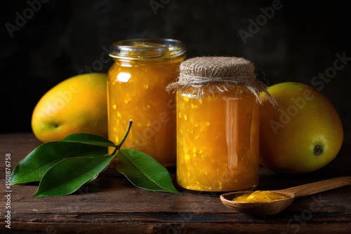 Mango jelly in a glass container with mangoes around, yellow tropical spread made with lemon juice and sugar, homemade and healthy