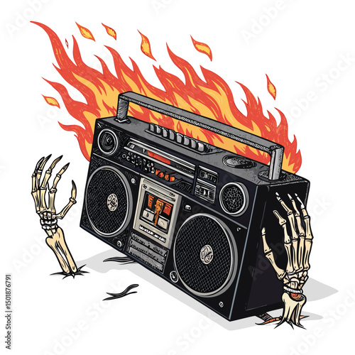 A flaming boombox, engulfed in flames, with skeletal hands gripping its sides, against a black background.  Detailed, vibrant, surreal art.