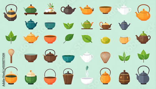A vibrant collection of teapots, teacups, bowls, tea leaves, and tea accessories in various colors and styles, presented against a pale green background