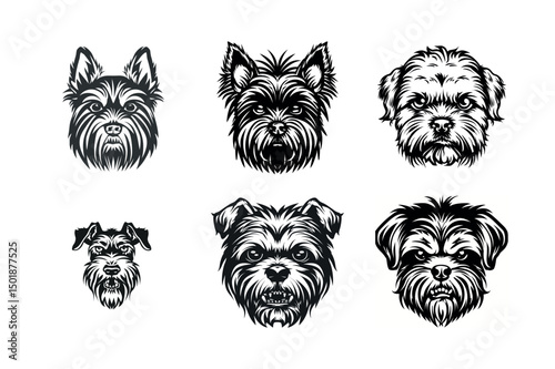 Six small dog breed headshots black and white