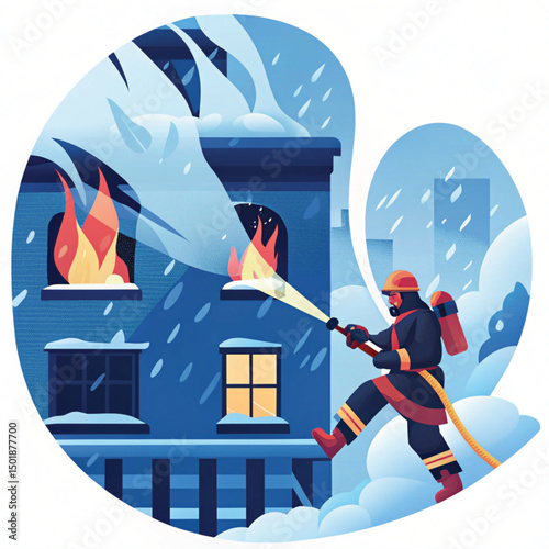 Firefighter extinguishing flames on a snow-covered building  