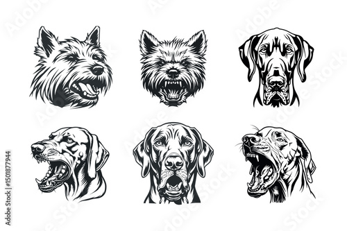 Six dog breed head illustrations black and white