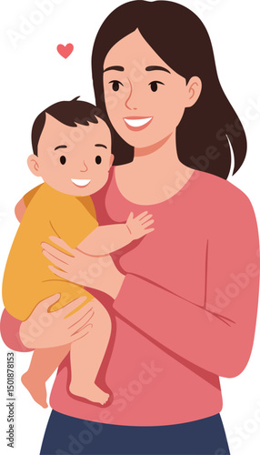 Mother holding baby with love and care illustration for family and motherhood concept in warm colors 