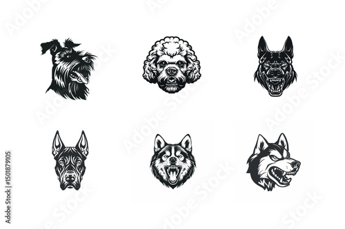 Six dog breed head illustrations black and white