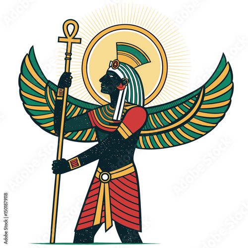 Create a vibrant, detailed emblem of Osiris, Egyptian god, featuring his scepter and a radiant halo.  Include hieroglyphs.