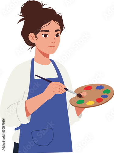 Female artist painting with palette and brush in blue apron creating colorful artwork vector illustration 