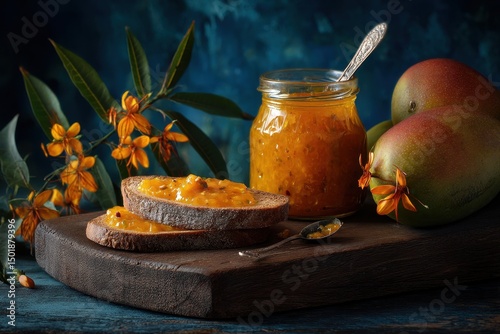 Thick mango jam with ripe mangoes in background, glass jar full of fruity yellow spread, lemon juice and sugar base, perfect for healthy breakfast