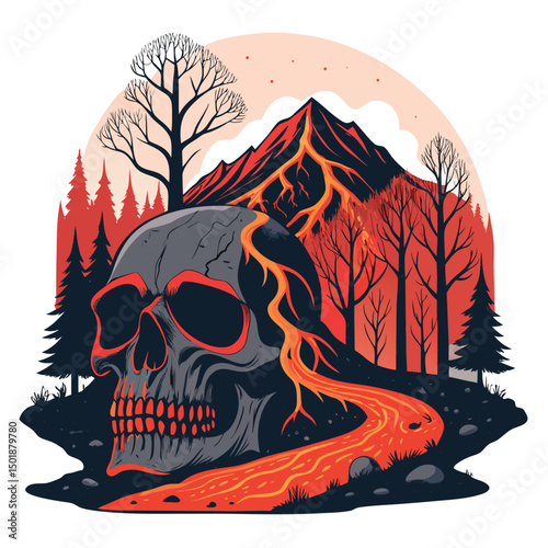 Render a surreal landscape a mountain composed entirely of skulls, with fiery lava rivers flowing down its slopes, amidst melting, skeletal trees.