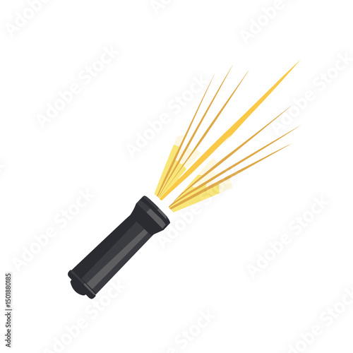 Illustration of a Black Flashlight Emitting Bright Yellow Light Rays on a White Background