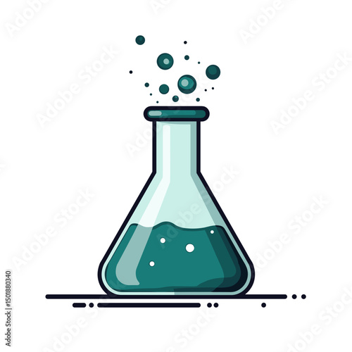 Illustration of a Glass Erlenmeyer Flask with Green Liquid and Bubbles, Science Experiment