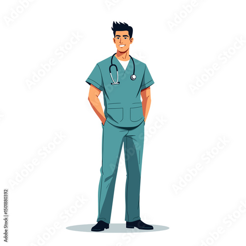 Full Body Illustration of a Smiling Male Nurse or Doctor in Scrubs with Stethoscope