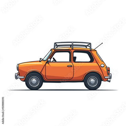 Illustration of a Classic Orange Mini Cooper Car with Roof Rack on a White Background