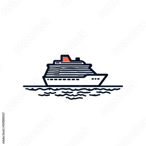 Minimalist Line Art Illustration of a Cruise Ship on the Water for Travel and Tourism
