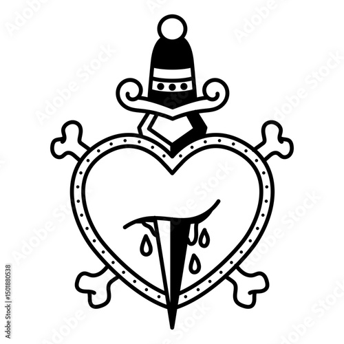 Edgy heart and dagger tattoo design with skull accents