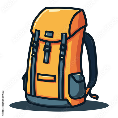 Illustration of a Bright Orange Backpack with Blue Straps and Pockets for Hiking and Travel