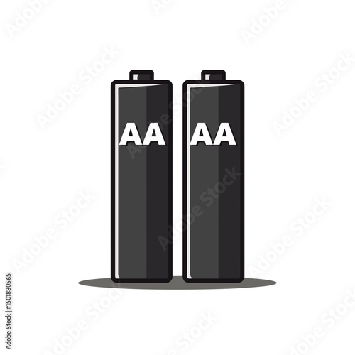 Illustration of Two Black Double AA Batteries on a White Background, Energy Source