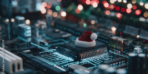 Festive Tech-Inspired Santa Hat with Circuit Board Design and Bokeh Background